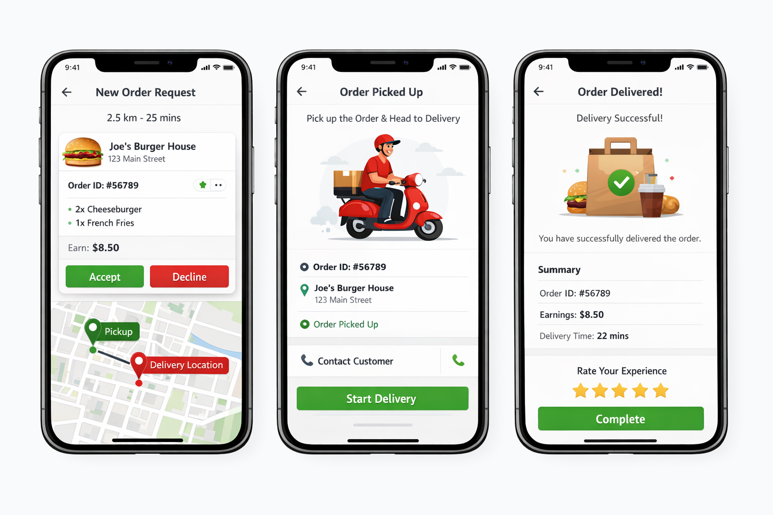 delivery partner app interface with order tracking